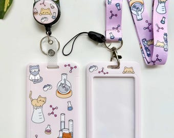 Chemistry Cats Card Holder Set | Chemistry lanyard, retractable badge reel, acess pass card holder | For chemists, chemistry teachers