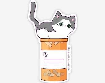 Apotekskattklistermärke | Söt katt i apotekets pillerflaska | Gåva till apotekare, farmakolog eller läkare, psykiater