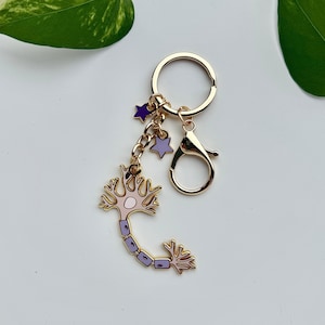 Può includere: Un portachiavi color oro con un ciondolo a forma di neurone con dettagli viola e rosa. Il portachiavi include un anello, un moschettone e due ciondoli a forma di stella viola. Il ciondolo a forma di neurone è una rappresentazione stilizzata di una cellula nervosa.