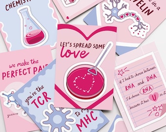 STEM Alla hjärtans dag-kort + klistermärkespaket | Söta alla hjärtans dag-presenter med vetenskapstema inspirerade av biologi, kemi och fysik