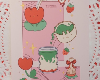 Print aardbei matcha konijn (5 x 7) || Thuiscafé Kunst || Caffienation Station-serie