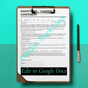 May include: A black and white legal document titled "Dispatcher - Carrier Agreement". The document outlines the responsibilities of a dispatcher and a carrier in the transportation of goods. The document includes sections for the names, titles, dates, and signatures of both parties.