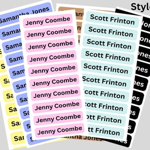 May include: A set of personalized name labels in various colors, including yellow, blue, pink, and light blue. The labels feature the names Samantha Jones, Jenny Coombe, and Scott Frinton. The labels are designed for use on school supplies, clothing, or other personal items.