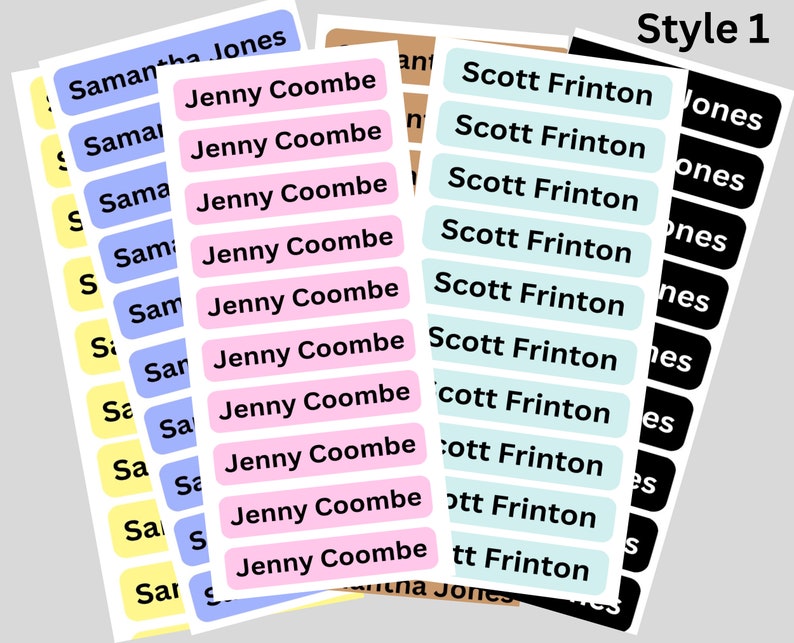 May include: A set of personalized name labels in various colors, including yellow, blue, pink, and light blue. The labels feature the names Samantha Jones, Jenny Coombe, and Scott Frinton. The labels are designed for use on school supplies, clothing, or other personal items.
