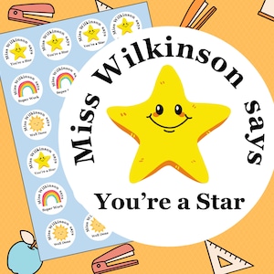 May include: A set of colorful teacher reward stickers featuring a smiling yellow star with the text "Miss Wilkinson says You're a Star".