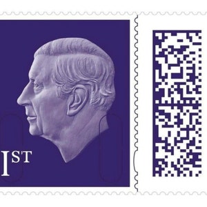 May include: A purple postage stamp featuring a profile image of King Charles III and the text "1st" in the bottom left corner. A QR code is printed on the right side of the stamp.