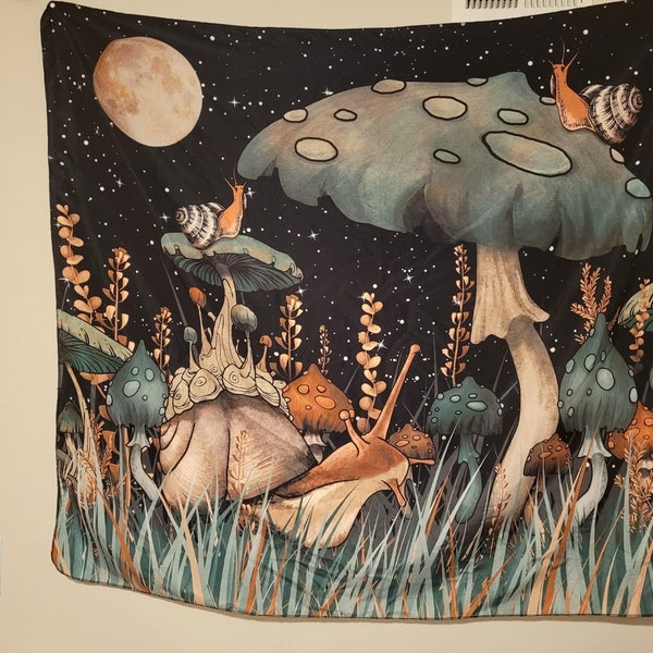 Trippy Mushroom Tapestry Moon and Stars Snail Plants and Leaves  Fantasy Fairy Tale Tapestry Wall Hanging for Room(51.2 x 59.1 inches)