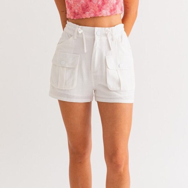 Coastal Pocketed High Waisted Cargo Linen Blend Shorts - white shorts for women classy cute summer spring outfit