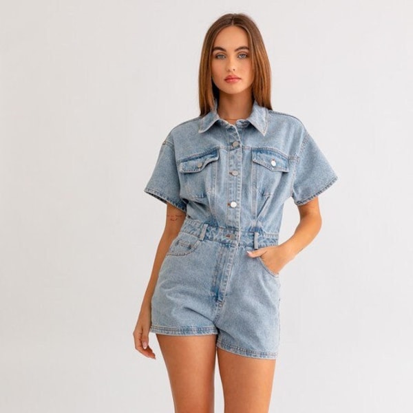 Women's Short Sleeve Denim Romper - Short Denim Jumpsuit Short Sleeve Button Down Jean Jumpsuit Rompers trendy fashion