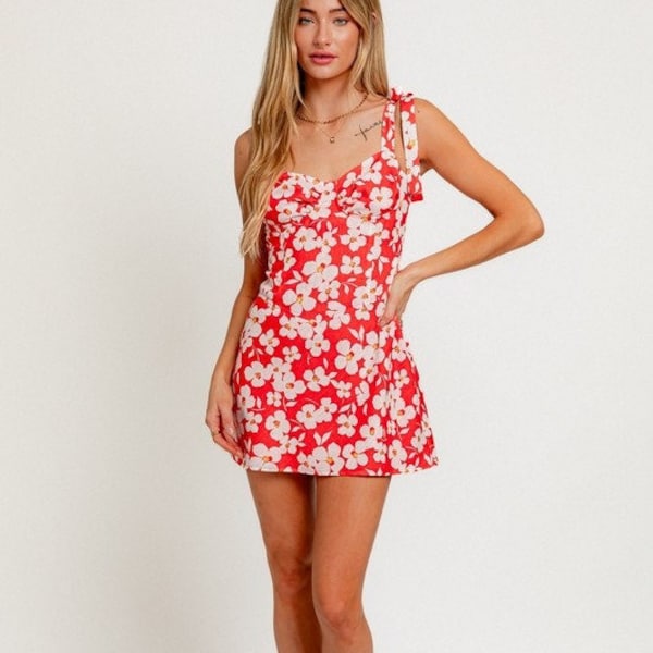 Kailani Sundress - Women's Floral Shoulder Tie Cami Mini Dress Spaghetti Strap Flared Short Mini Dresses Tank flower hawaiian resort wear