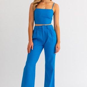 Women's High Rise Pleated Wide Leg Pleated Pants - Blue Pants Casual Straight Leg Loose Work Pants trendy fashion trouser