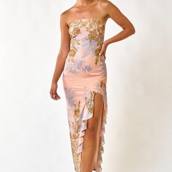 Women's Ruffle Tube Maxi Dress - Pink Gold dress summer dress spring dress summer gift for wedding guest dress womens maxi