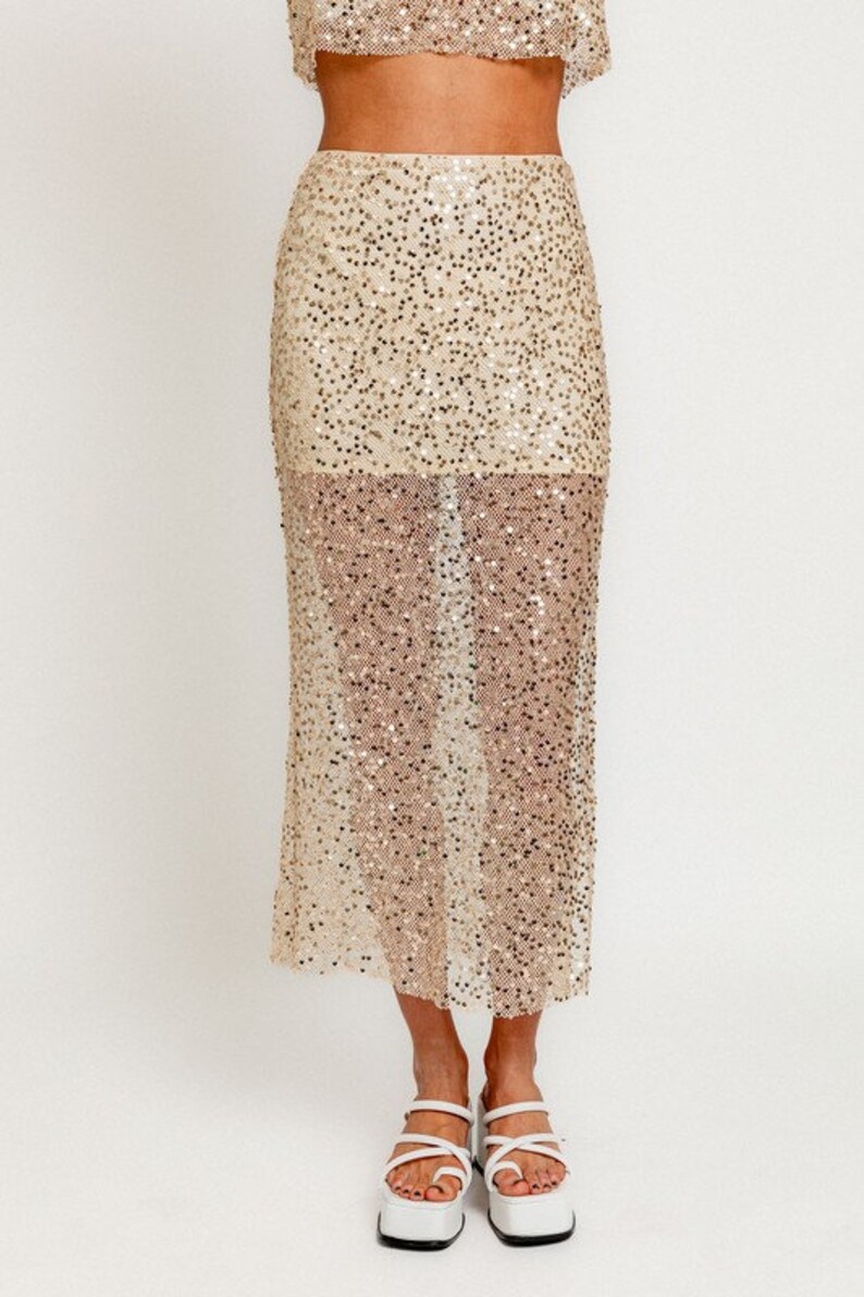 Maxi Skirt And Crop Top Set Merrin Glitter Lace Silver And Nude