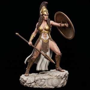 May include: A detailed figurine of a warrior wearing a gold helmet with a crest, a gold breastplate, and a white skirt. The figure holds a long spear and a round bronze shield, standing on a stone base carved with two owls and two circular shields.