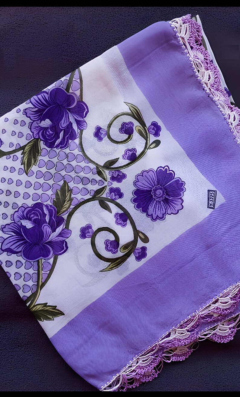 Purple Petunia Cheesecloth, Lilac and Purple Flowers on a White Background, with HandMade Lacy Edges Shawl Oya Tulbent, scarf zdjęcie 1