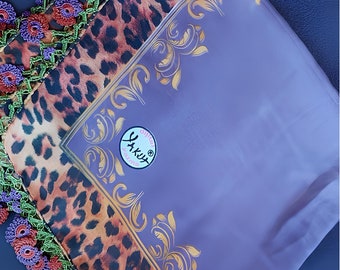 Purple / Lilac Scarf With Gold Frame, Leopard Print. The Lacework has Purple and Red Flowers. Square Shawl