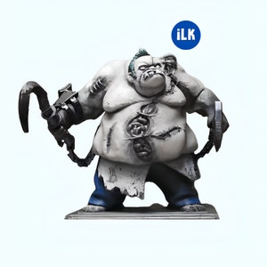 May include: A gray and white figurine of a grotesque character with a large belly, wearing blue pants and holding a hook and cleaver. The figure has a menacing expression and is posed on a rectangular base.