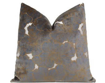 Chloe Cut Velvet Throw Pillow Cover, Gray Copper Alabaster Floral Designer Velvet Pillow Cover 20x20, 22x22, 24x24, 26x26, XL Lumbar Cover
