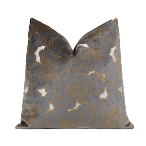 Chloe Cut Velvet Throw Pillow Cover, Gray Copper Pearl Floral Designer Velvet Pillow Cover 18x18, 20x20, 22x22, 24x24, 26x26, Lumbar Cover