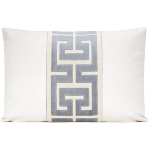 Alabaster Velvet Pillow Cover with Ice Blue Greek Key Trim 18x18, 20x20, 22x22, 24x24, Lumbar Cover, Cream Velvet Pillow Cover with Trim