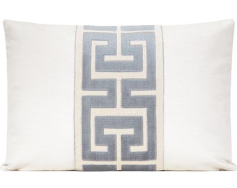 Alabaster Velvet Pillow Cover with Ice Blue Greek Key Trim 18x18, 20x20, 22x22, 24x24, Lumbar Cover, Cream Velvet Pillow Cover with Trim