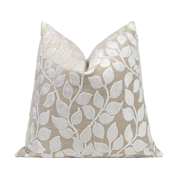 Ivy Cut Velvet Pillow Cover, Ivory Leaf Velvet Throw Pillow Cover 20x20, 22x22, 24x24, 26x26, Neutral Designer Pillow Cover