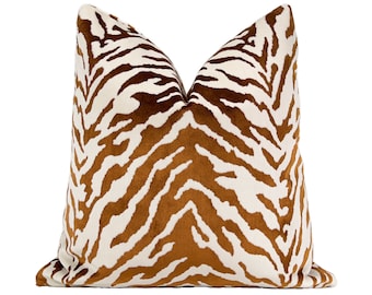 Copper Tiger Velvet Pillow Cover | Brown Animal Print Designer Throw Pillow Cover 18x18, 20x20, 22x22, 24x24, 26x26, XL Lumbar