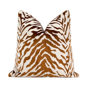 Copper Tiger Velvet Pillow Cover | Brown Animal Print Designer Throw Pillow Cover 18x18, 20x20, 22x22, 24x24, 26x26, XL Lumbar