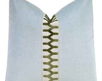 Striated Velvet Throw Pillow Cover in Spa Blue with Small Centered Green Vertex Trim | Custom Sizes