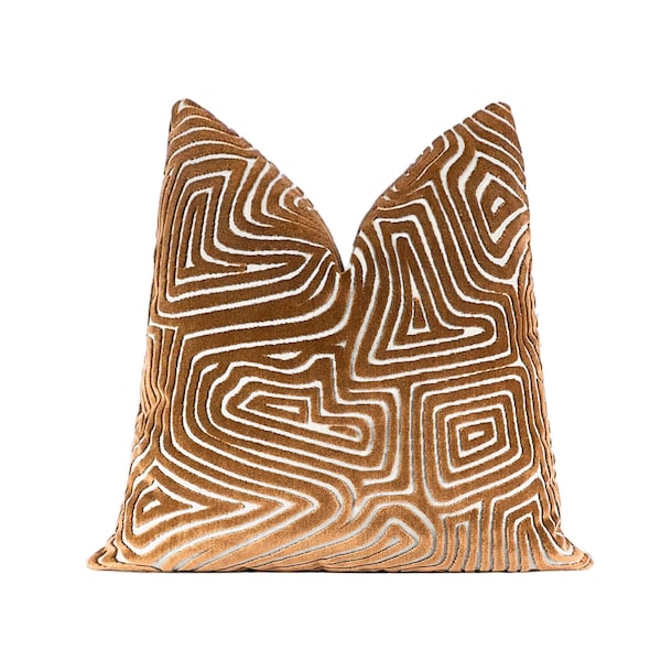 Bronze Labyrinth Cut Velvet Pillow Cover, Bronze Pillow Cover,  Throw Pillow Cover 18x18, 20x20, 22x22, 24x24, 26x26, XL Lumbar Cover