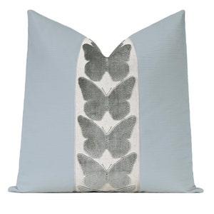 Striated Velvet Pillow Cover with Large Butterfly Trim | Spa Blue Velvet Throw Pillow Cover with Steel Gray Wide Butterfly Trim | Lumbar