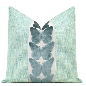 Signature Tweed: Robin's Egg Throw Pillow Cover with Large Aqua Butterfly Trim