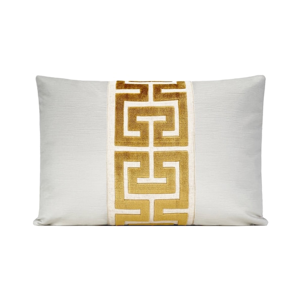 Alabaster Velvet Pillow Cover with Gold Greek Key Trim 18x18, 20x20, 22x22, 24x24, Lumbar  14x20, 14x24, 15x22, 16x24