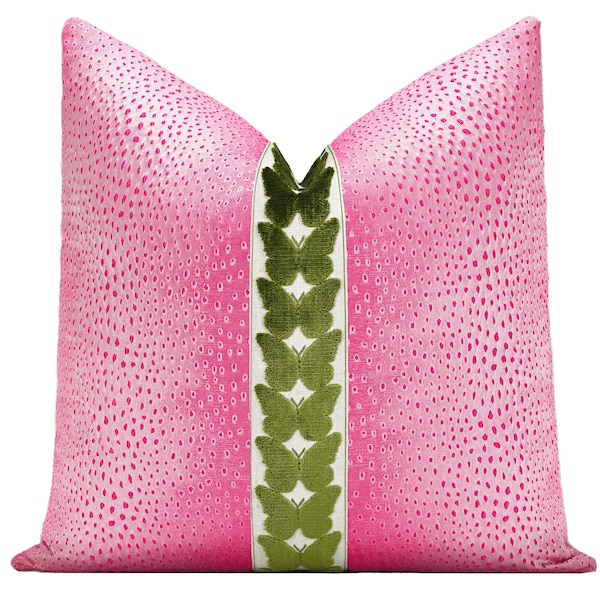 Lizard Print: Fuchsia Pink Throw Pillow Cover with Centered Butterfly Trim | Select Trim Color