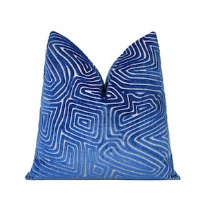 Blue Labyrinth Cut Velvet Pillow Cover,  Cobalt Blue Designer Luxurious Throw Pillow Cover 18x18, 20x20, 22x22, 24x24, 26x26, Lumbar Cover