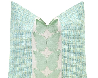 Signature Tweed Throw Pillow Cover in Seafoam with Large Centered Mint Green Butterfly Trim