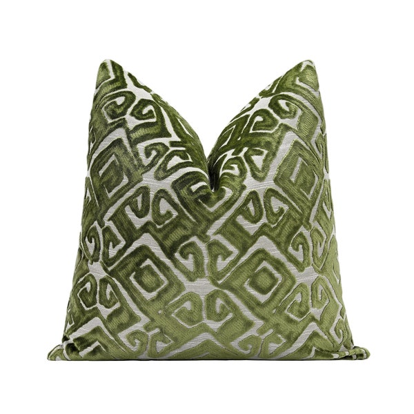 Tribal Inspired Velvet Pillow Cover, Chartreuse Green Designer Cut Velvet Throw Pillow Cover 18x18, 20x20, 22x22, 24x24, 26x26, Lumbar Cover