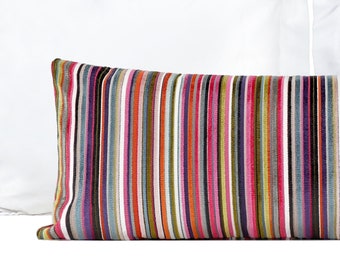 XL Lumbar Pillow Cover, Fiesta Stripe Extra Long Lumbar Cut Velvet Pillow Cover, Multi color Designer Lumbar Pillow Cover 14x36, 14x48