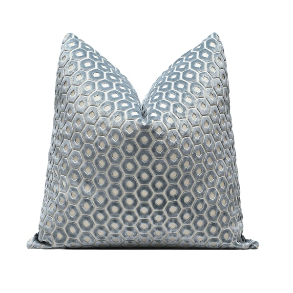 Blue Geometric Cut Velvet| Mineral Blue Pillow Cover| Blue Velvet Designer Throw Pillow Cover 20x20, 22x22, 24x24, 26x26, XL Lumbar Cover