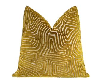 Gold Labyrinth Cut Velvet Pillow Cover, Gold Velvet Pillow Cover,  Luxurious Throw Pillow Cover 18x18, 20x20, 22x22, 24x24, 26x26