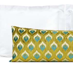 XL Lumbar Pillow Cover with Insert, Peacock Designer Cut Velvet Extra Long Lumbar Pillow 14x36, 14x48, Ivory Chartreuse Turquoise XL Lumbar