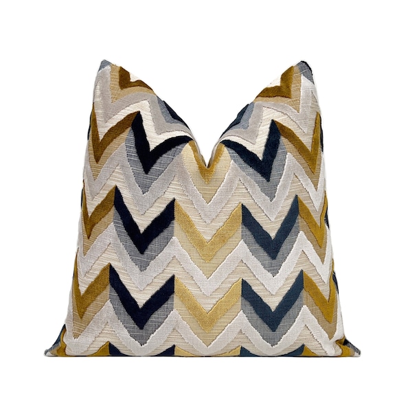 Chevron Cut Velvet Pillow Cover, Gold Cream Navy Designer Velvet Throw Pillow Cover 18x18, 20x20, 22x22, 24x24, 26x26, XL Lumbar Cover