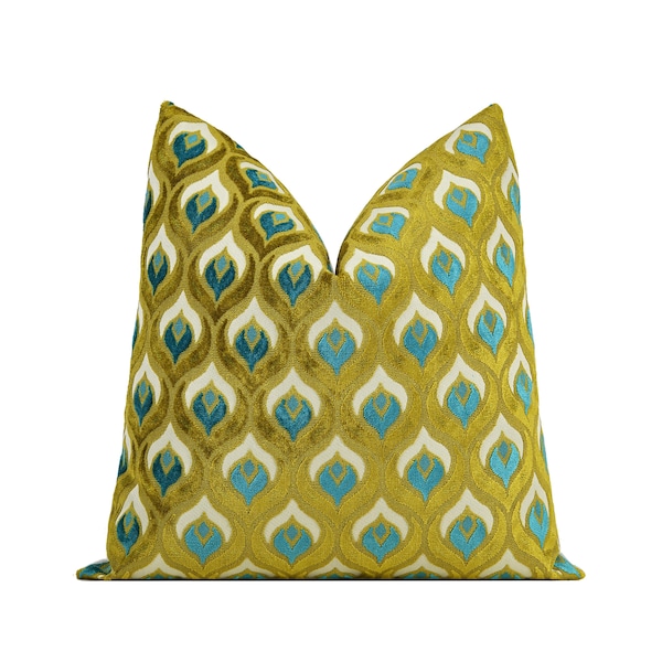 Peacock Cut Velvet Pillow Cover, Ivory Chartreuse Turquoise Designer Throw Pillow Cover 20x20, 22x22, 24x24, 26x26, Lumbar Velvet Cover