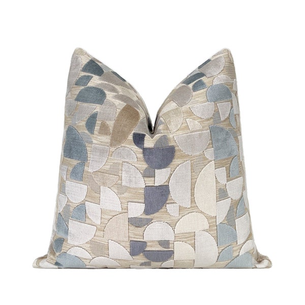 Modern Geometric Cut Velvet Pillow Cover| Steel Blue Taupe Designer Throw Pillow Cover 18x18, 20x20, 22x22, 24x24, 26x26, XL Lumbar