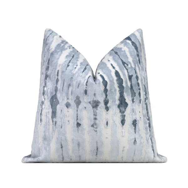 Ice Blue Abstract Cut Velvet Pillow Cover | Blue Ivory Designer Cut Velvet Throw Pillow Cover | 20x20, 22x22, 24x24, 26x26, XL Lumbar Cover