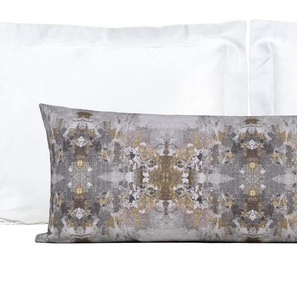 XL Lumbar Pillow Cover, Grey Gold Abstract Extra Long Lumbar Pillow Cover, Kaleidoscope XL Lumbar Pillow Cover 14x36, 14x48, Bedroom Decor