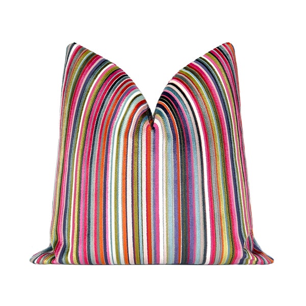 Fiesta Stripe Cut Velvet Pillow Cover, Colorful Designer Velvet Pillow Cover, Multi color throw pillow cover, 20x20, 22x22, 24x24, XL Lumbar