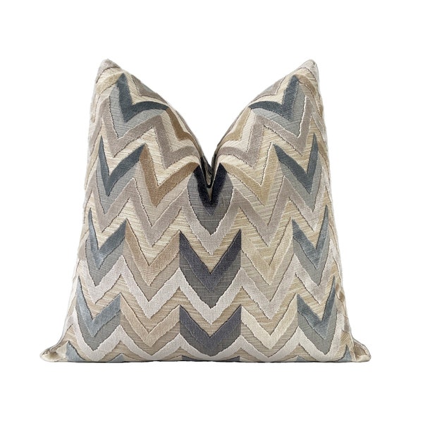 Chevron Cut Velvet Pillow Cover, Steel Blue Taupe Designer Throw Pillow Cover 18x18, 20x20, 22x22, 24x24, 26x26, Lumbar 14x20, 14x36, 14x48