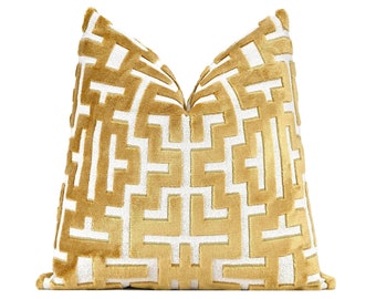Gold Prism Cut Velvet Pillow Cover, Gold Designer Cut Velvet Throw Pillow Cover 18x18, 20x20, 22x22, 24x24, 26x26, Lumbar Pillow Cover
