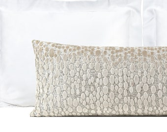 XL Lumbar Pillow Cover, Ivory Cream Pebbles Designer Cut Velvet Extra Long Lumbar Pillow Cover 14x36, 14x48